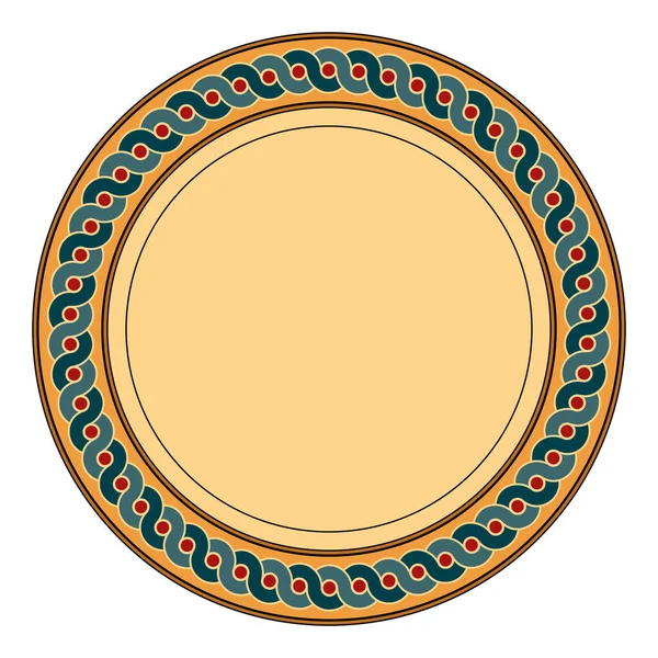 古代ギリシャの絡み合った波の陶器のモチーフとディスク 丸みを帯びたクリーム色のプレートは 2本の大胆な蛇腹の線で 重なり合う波の間に赤い点で円形の装飾を形成します ベクトル — ストックベクタ