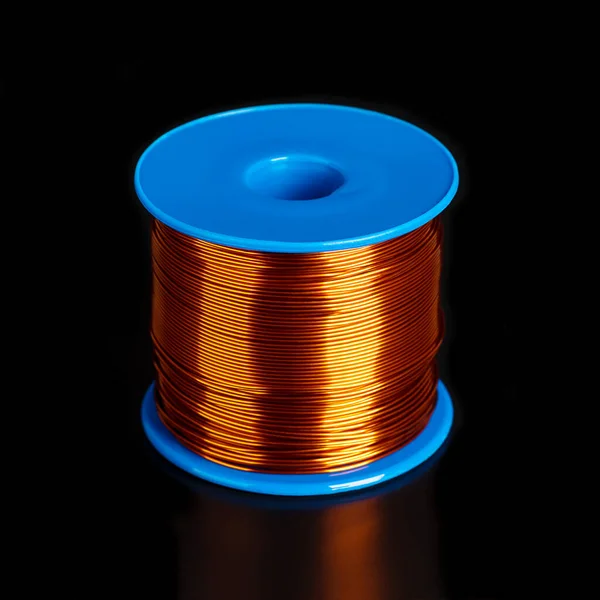 Coil Copper Wire Front View Black Background Enamelled Double Coated — Stock Photo, Image