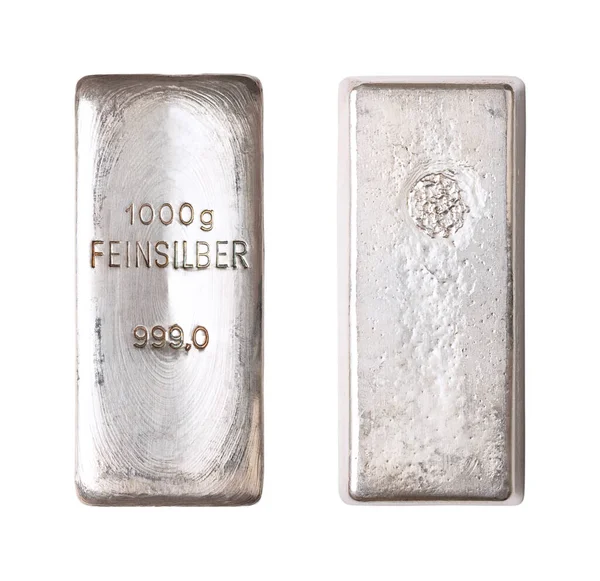 Silver bar, front and back side, isolated from above. Cast silver ingot of 1000 gram, about 32 troy oz of pure metal. Real money, a store of value and traditional way of investing in precious metals.