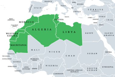 Maghreb, Arap Maghreb ya da Kuzeybatı Afrika, politik harita. Cezayir, Libya, Fas, Moritanya, Tunus, Batı Sahra ve İspanyol şehirleri Ceuta ve Melilla 'dan oluşan Arap Dünyası' nın bir parçası..