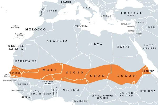 Sahel Una Región África Mapa Político Reino Ecoclimático Biogeográfico Transición — Archivo Imágenes Vectoriales