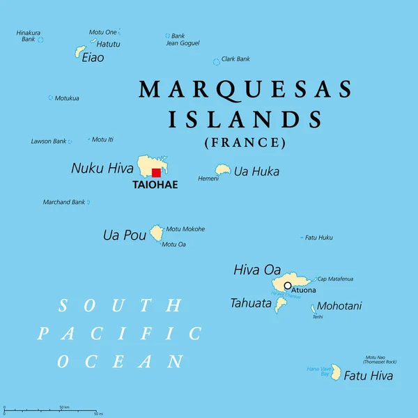Marquesasöarna Politisk Karta Grupp Vulkaniska Öar Franska Polynesien Utländsk Kollektivitet — Stock vektor