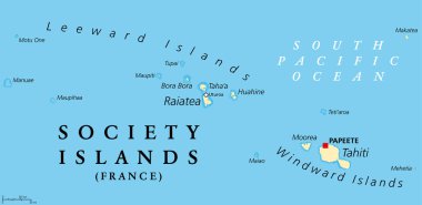 Sosyete Adaları, politik harita. Fransız Polinezyası 'nda, Güney Pasifik Okyanusu' nda Fransa 'nın denizaşırı bir kolektifi olan volkanik adalar grubu. Archipelago, Leeward ve Windward Adalarına bölündü.