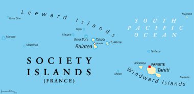 Society Islands, political map. Group of volcanic islands, in French Polynesia, an overseas collectivity of France, in the South Pacific Ocean. Archipelago, divided into Leeward and Windward Islands. clipart