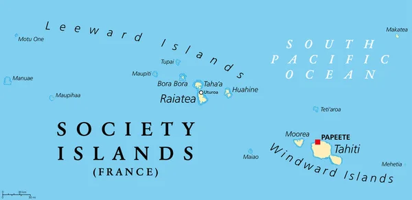 Society Islands Political Map 法属波利尼西亚的一组火山岛 是法国在南太平洋的海外集合体 分为背风群岛和迎风群岛 — 图库矢量图片