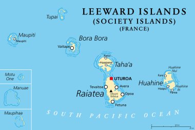 Leeward Adaları, politik harita. Fransız Polinezyası 'ndaki Toplum Adaları' nın batı kesimi, Güney Pasifik 'te Fransa' nın denizaşırı bir kollektifi. Raiatea 'nın en büyük adası olan Uturoa başkentidir..
