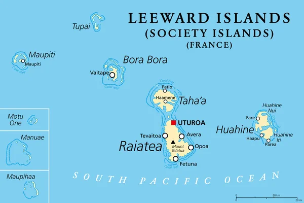 背风群岛 政治地图 法属波利尼西亚社会群岛西部 法国在南太平洋的海外集合体 在最大的拉亚提亚岛上的乌图罗阿岛是首都 — 图库矢量图片