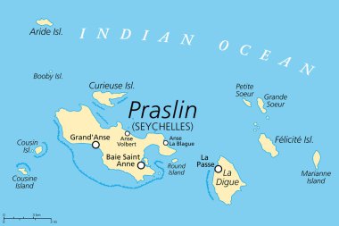 Praslin ve yakınlardaki adalar, politik harita. Seyşeller 'in ikinci büyük adası, Hint Okyanusu' nda bir Cumhuriyet ve takımadaları devleti. La Digue, Curieuse ve Felicite Adası, ve daha küçük adalar.