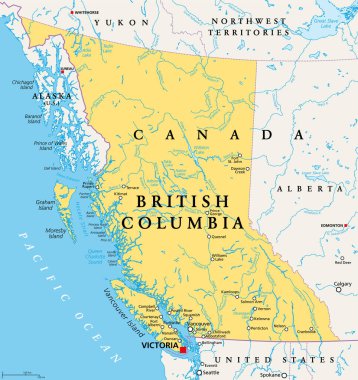 British Columbia, BC, Kanada eyaleti, politik harita. Pasifik Okyanusu 'nda Alberta, Kuzeybatı Toprakları, Yukon ve Amerika Birleşik Devletleri Alaska, Idaho, Montana ve Washington' la çevrili..