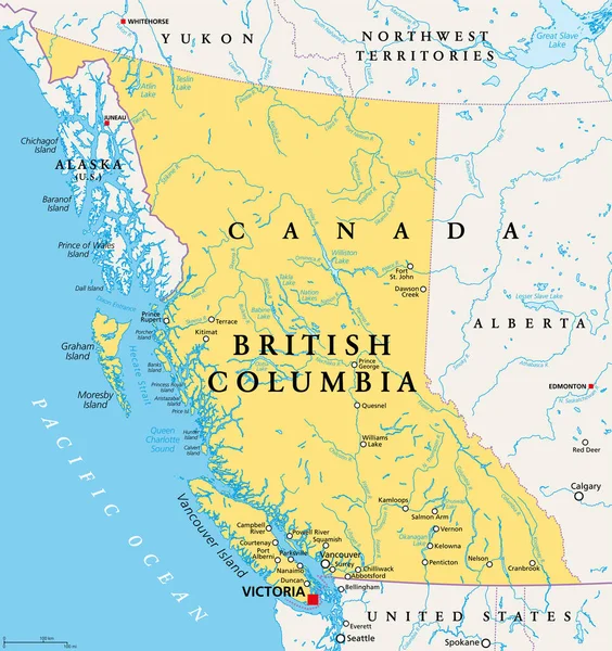 不列颠哥伦比亚省不列颠哥伦比亚省加拿大省政治地图位于太平洋沿岸 与艾伯塔省 西北地区 育空地区和美国阿拉斯加州 爱达荷州 蒙大拿州和华盛顿州接壤 — 图库矢量图片