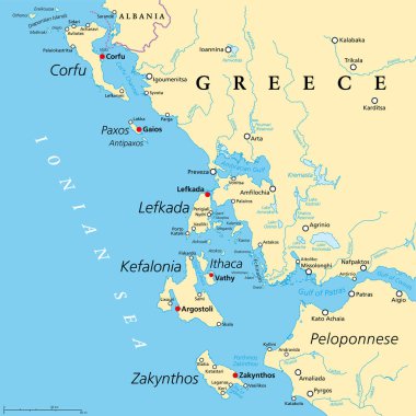 Yunanistan 'ın İyon Adaları Bölgesi, siyasi harita. İyon Denizi 'ndeki Yunan ada grubu. Korfu (Kerkyra), Paxos ve Antipaxos, Lefkada, Kefalonia (Cephalonia), Ithaca (Ithaki) ve Zakynthos (Zante)).