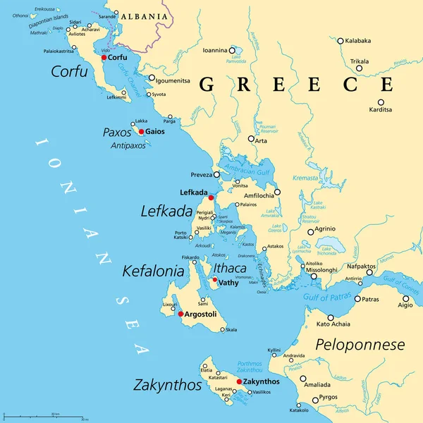 ギリシャのイオニア諸島地域 政治地図 イオニア海の島々のギリシャのグループ コルフ ケルクラ パコスとアンティパコス レフカダ ケファロニア ケファロニア イサカ — ストックベクタ