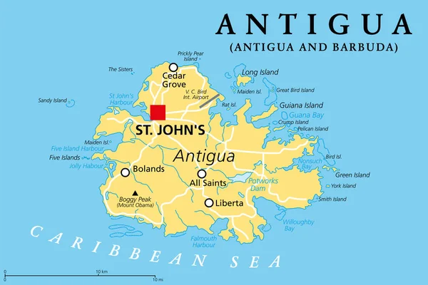 Antigua Ostrov Malých Antilách Politická Mapa Jeden Závětrných Ostrovů Karibiku — Stockový vektor