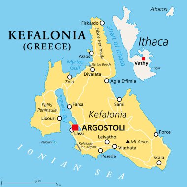 Kefalonia, Yunan adası, politik harita. Aynı zamanda Kefallinia, Kefallinia ya da Kephallenia olarak da bilinir, Yunanistan 'ın batısında ve İyon Denizi' nde bulunan en büyük İyon Adası. Vektör.