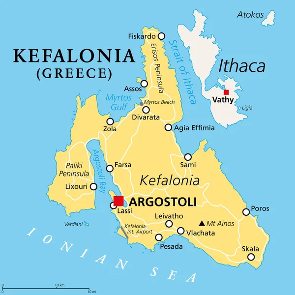 Kefalonia Ilha Grega Mapa Político Também Conhecida Como Cephalonia Kefallinia —  Vetores de Stock