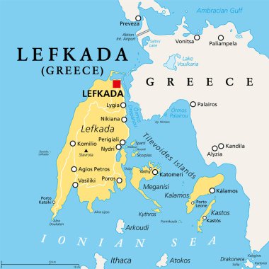 Lefkada, bölgesel birlik, politik harita. Yunanistan 'daki İyon Adaları' nın bir kısmı, Lefkas, Leukas veya Leucadia olarak da bilinir. Tilevoides Adaları Meganisi, Kalamos, Kastos, Skorpios ve küçük adacıklarla.