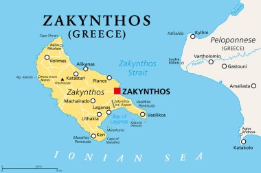 Zakynthos, Yunan adası, siyasi harita. Yunanistan 'daki İyon Adaları' nın bir parçası olan Zakinthos veya Zante olarak da bilinir ve aynı isimdeki başkent Zakynthos ile ayrı bir bölgesel birimdir. İllüzyon. Vektör.