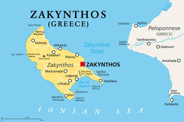 Zakynthos Isla Griega Mapa Político También Conocido Como Zakinthos Zante — Vector de stock