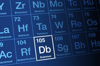 Dubnium, periyodik tabloda. Radyoaktif, element sembolü Db ve atom numarası 105 olan sentetik transaktinit element. Rusya 'nın Moskova Oblastı' ndaki bir bilim kasabası olan Dubna 'nın adını aldı. Vektör