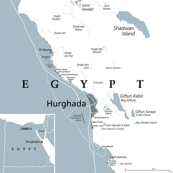 Hurghada Vicinity Egypt Gray Political Map 位于埃及红海省的城市地区 也是埃及的主要旅游中心之一 位于红海沿岸 有许多旅游胜地 — 图库矢量图片