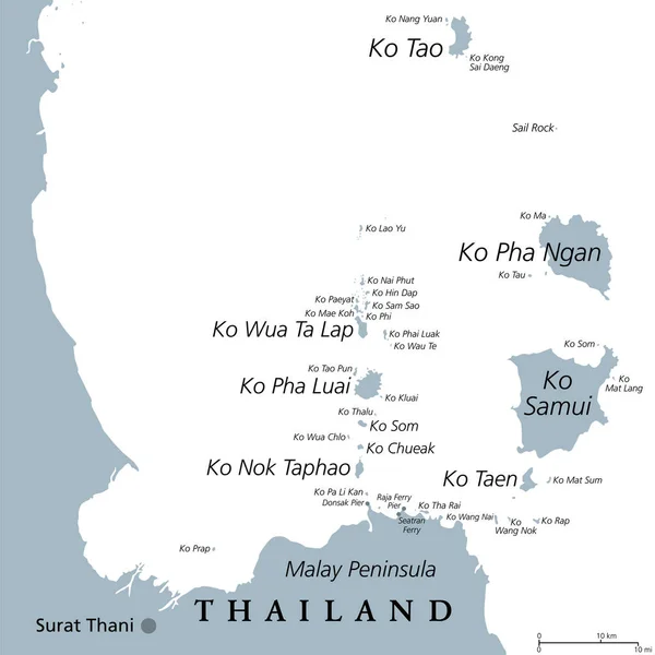 从高山辉到高涛灰色的政治地图泰国沿海有许多岛屿 包括川顿省和苏拉特 萨尼省的旅游胜地和旅游胜地 — 图库矢量图片