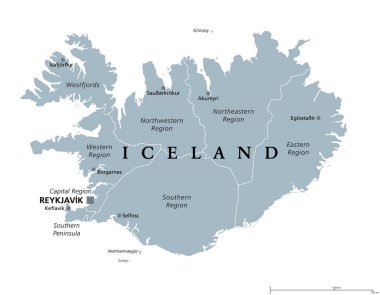 İzlanda bölgeleri, gri siyasi harita, başkenti Reykjavik. İstatistiksel amaçlar için kullanılan sekiz bölge ve koltukları. Atlantik Okyanusu 'ndaki İskandinav ada ülkesi. İzole bir illüstrasyon. Vektör.