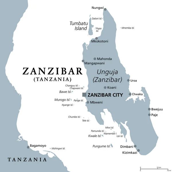 Zanzibar Island Unguja Tanzania Gray Political Map Largest Most Populated — Stock Vector