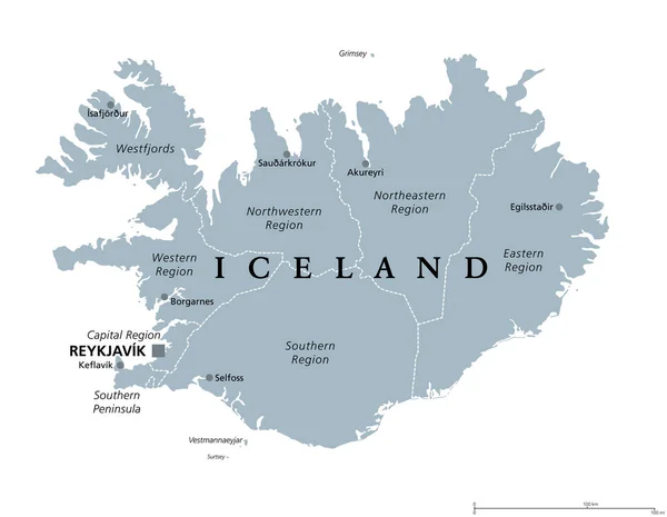 Islandské Oblasti Šedá Politická Mapa Hlavním Městem Reykjavíkem Osm Regionů — Stockový vektor