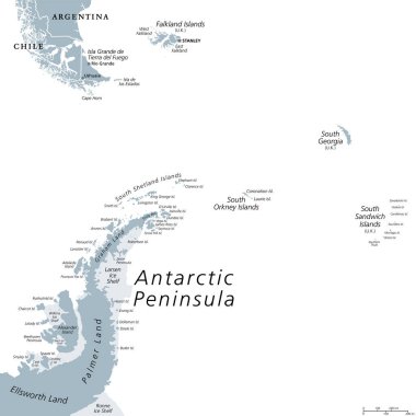 Antarktika Yarımadası bölgesi, gri politik harita. Güney Patagonya 'dan Falkland Adaları' na, Güney Georgia 'ya, Güney Sandwich Adaları' na, Güney Orkney Adaları 'na ve Antarktika Yarımadası' na.