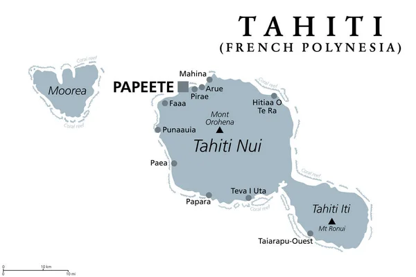 Tahiti Französisch Polynesien Graue Politische Landkarte Größte Insel Der Windward — Stockvektor