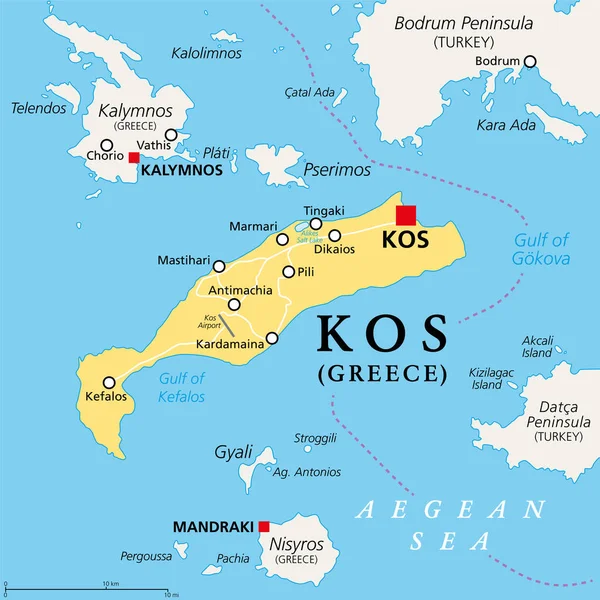 Kos Yunan Adası Siyasi Harita Ayrıca Cos Ege Denizi Ndeki — Stok Vektör