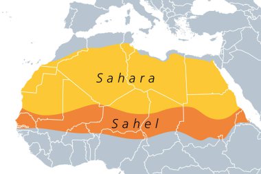 Sahra ve Sahel, politik harita. Kuzey Afrika 'nın büyük bir kısmını oluşturan dünyanın en büyük sıcak çölü ve Afrika kıtasında sıcak yarı kurak iklime sahip ekolojik ve biyocoğrafi bir alan..