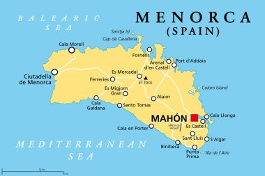 Menorca, ya da Minorca, politik harita, başkent Mahon ya da Port Mahon, resmi Mao. Akdeniz 'de ve İspanya' nın bir kısmında bulunan Balear Adaları özerk topluluğunun adası.