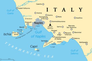 Napoli Körfezi, politik harita. Ayrıca İtalya 'nın güneybatı kıyısı boyunca yer alan Napoli Körfezi, Tyrhenian Denizi' ne açılır. Ischia, Capri ve Vezüv Dağı adaları ile Campanian volkanik yayı.