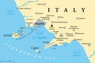 Gulf of Naples, political map. Also Bay of Naples, located along south-western coast of Italy, opening to the Tyrrhenian Sea. Campanian volcanic arc with islands Ischia and Capri and Mount Vesuvius. clipart