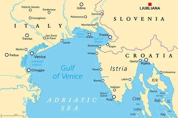 威尼斯湾 政治地图 受意大利的波德尔塔和克罗地亚的伊斯特里安半岛的限制 也与斯洛文尼亚相邻 亚得里亚海最北部的的里雅斯特湾 — 图库矢量图片
