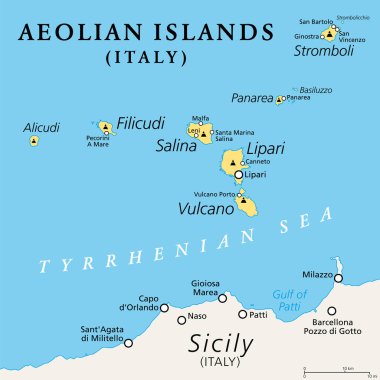 Aeolian Adaları, İtalya, politik harita. Sicilya 'nın kuzeyindeki Tyrhenian Denizi' nde volkanik takımadalar. Lipari Adaları olarak da bilinir. Lipari, Vulcano, Salina, Stromboli, Filicudi, Alicudi ve Panarea.