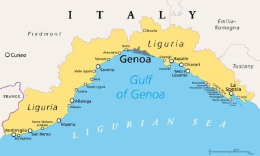 Liguria ve İtalyan Rivierası, Ligurian Rivierası, politik harita. İtalya 'nın kuzeybatısında, başkenti Ceneviz olan bir bölge. Ligurya Denizi 'ndeki Ventimiglia ve La Spezia arasında dar bir kıyı şeridi..