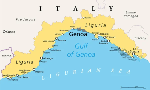 Ligurie Italská Riviéra Ligurská Riviéra Politická Mapa Region Severozápadní Itálie — Stockový vektor