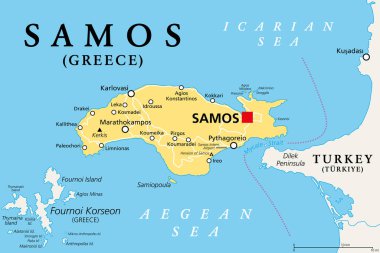 Samos, Yunan adası, siyasi harita. Doğu Ege Denizi 'ndeki ada ve Türkiye' nin batısındaki Mycale Boğazı tarafından ayrılmış. Antik zamanlarda zengin şehir devleti ve Pisagor 'un doğduğu yer.