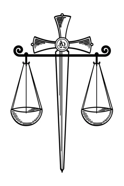 剑和平衡标志着两种含义可以从中提取出来 首先是以平衡为代表的公正和判断 第二是真理 是圣灵的剑 是神的话 — 图库矢量图片