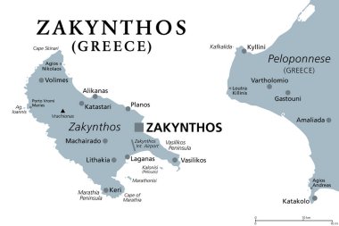 Zakynthos, Yunan adası, gri politik harita. Yunanistan 'ın İyon Adaları' nın bir parçası olan Zakinthos veya Zante ve aynı isimdeki başkent Zakynthos ile ayrı bir bölgesel birim de. İllüzyon. Vektör.