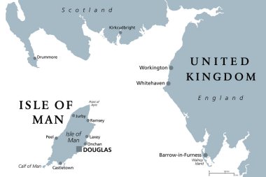 Man Adası, Mann olarak da bilinir, gri politik harita. Büyük Britanya ve İrlanda arasında İrlanda Denizi 'nde bir ada ulusu ve İngiliz Kraliyet Bağımlılığı. Bir Vergi cenneti ve offshore bankacılık hedefi.