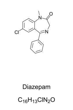 Diazepam, kimyasal formül ve yapı. Valium olarak bilinen, anksiyete, uykusuzluk, panik atak ve akut alkol yoksunluğu semptomlarını tedavi etmek için kullanılan bir ilaç olan benzodiazepin ailesinin ilacı..