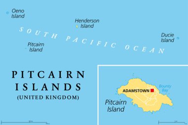 Pitcairn Adaları, bir Britanya Denizaşırı Toprakları, politik harita. Pitcairn, Henderson, Ducie ve Oeno Adaları. Güney Pasifik volkanik ada grubu. Bounty 'deki İsyan Pitcairn Adası' nda gerçekleşti..