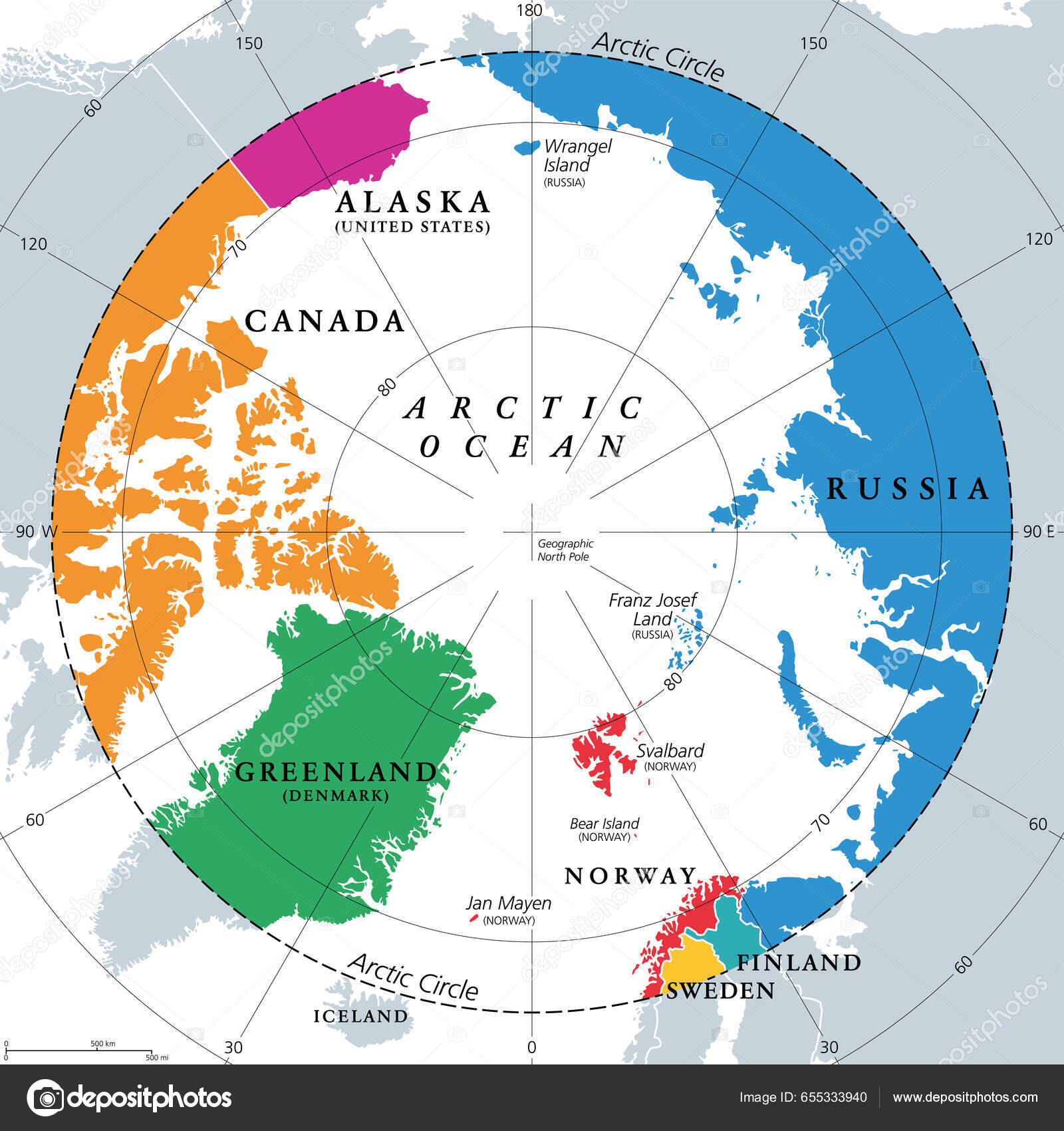 Pays Cercle Polaire Arctique Carte Politique Pays Situés Environ Degrés  Vecteur par ©Furian 655333940