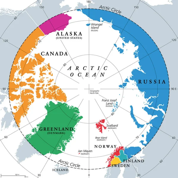 北极圈内的国家政治地图赤道和北极以北大约66度以内的国家 阿拉斯加 加拿大 格陵兰 瑞典和俄罗斯 — 图库矢量图片