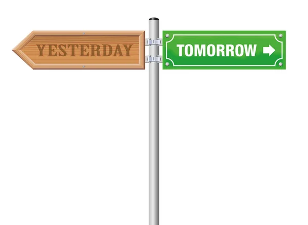 Вчерашний Завтрашний День Написанный Деревянном Зеленом Уличном Знаке Символе Оглядывания — стоковый вектор