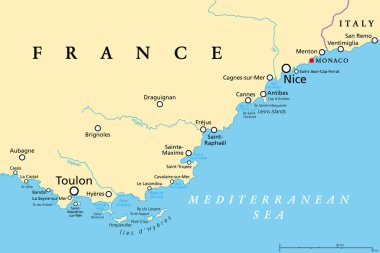 Fransız Rivierası, politik harita. Fransa 'nın güneydoğu köşesinin Akdeniz kıyısı, Cote dAzur (Azure Coast) olarak bilinir. Genellikle batıdaki Toulon 'dan doğudaki Menton' a kadar uzandığı düşünülür..