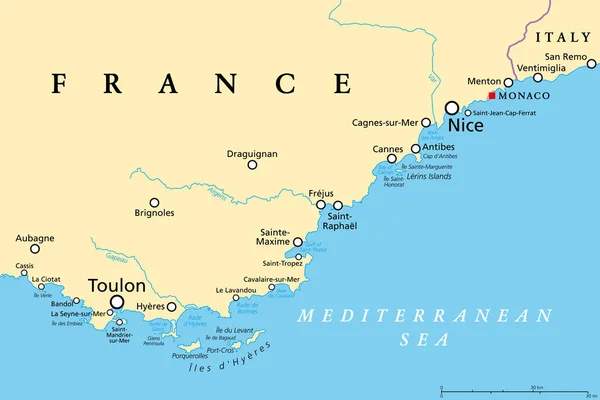 French Riviera Political Map Mediterranean Coastline Southeast Corner France Known — Stock Vector